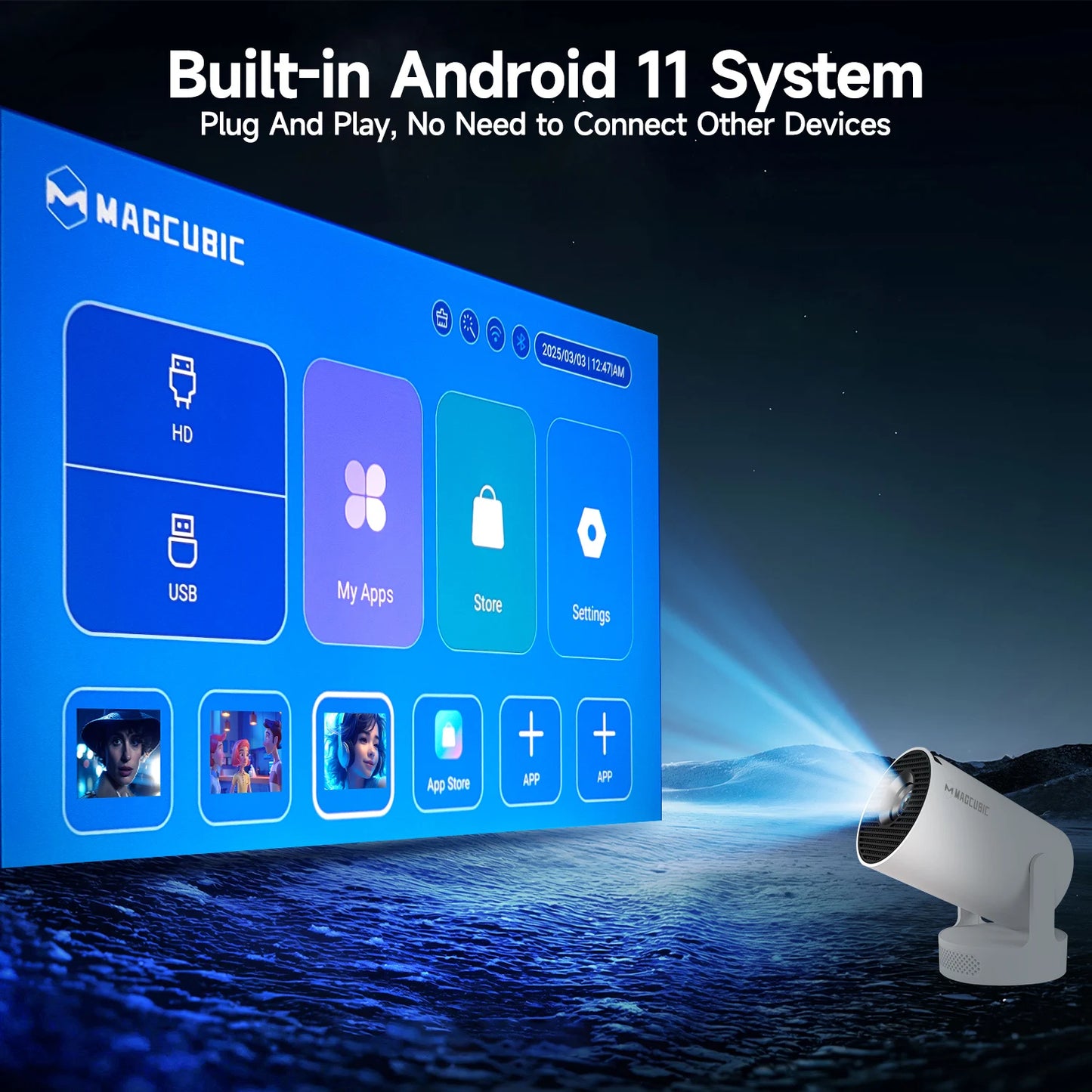Magcubic 4K Android 11 Portable Projector 8000 Lumens WiFi 6 BT5.4 Outdoor Theater 5W HiFi Speaker 720P HD Supported HY300 Pro+